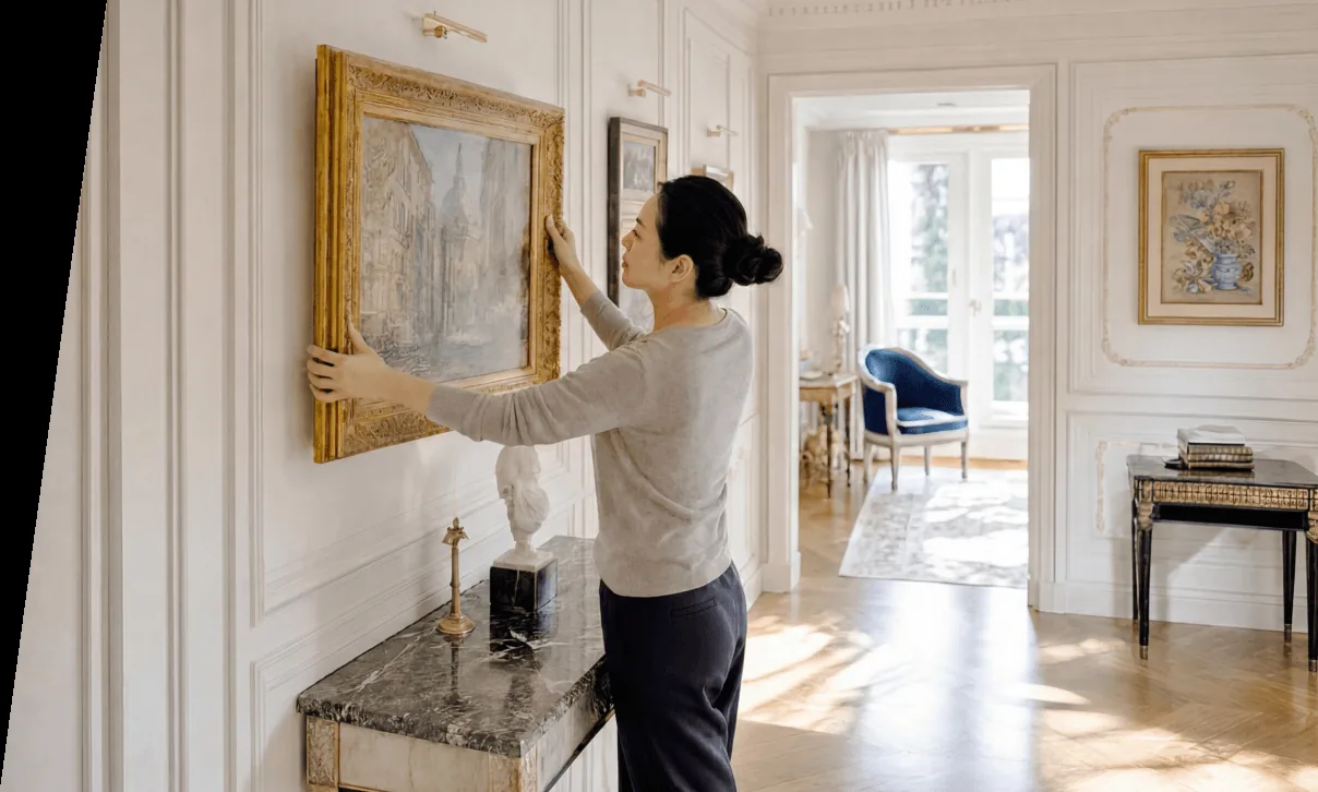 A collector hanging a framed piece on the wall of her living room