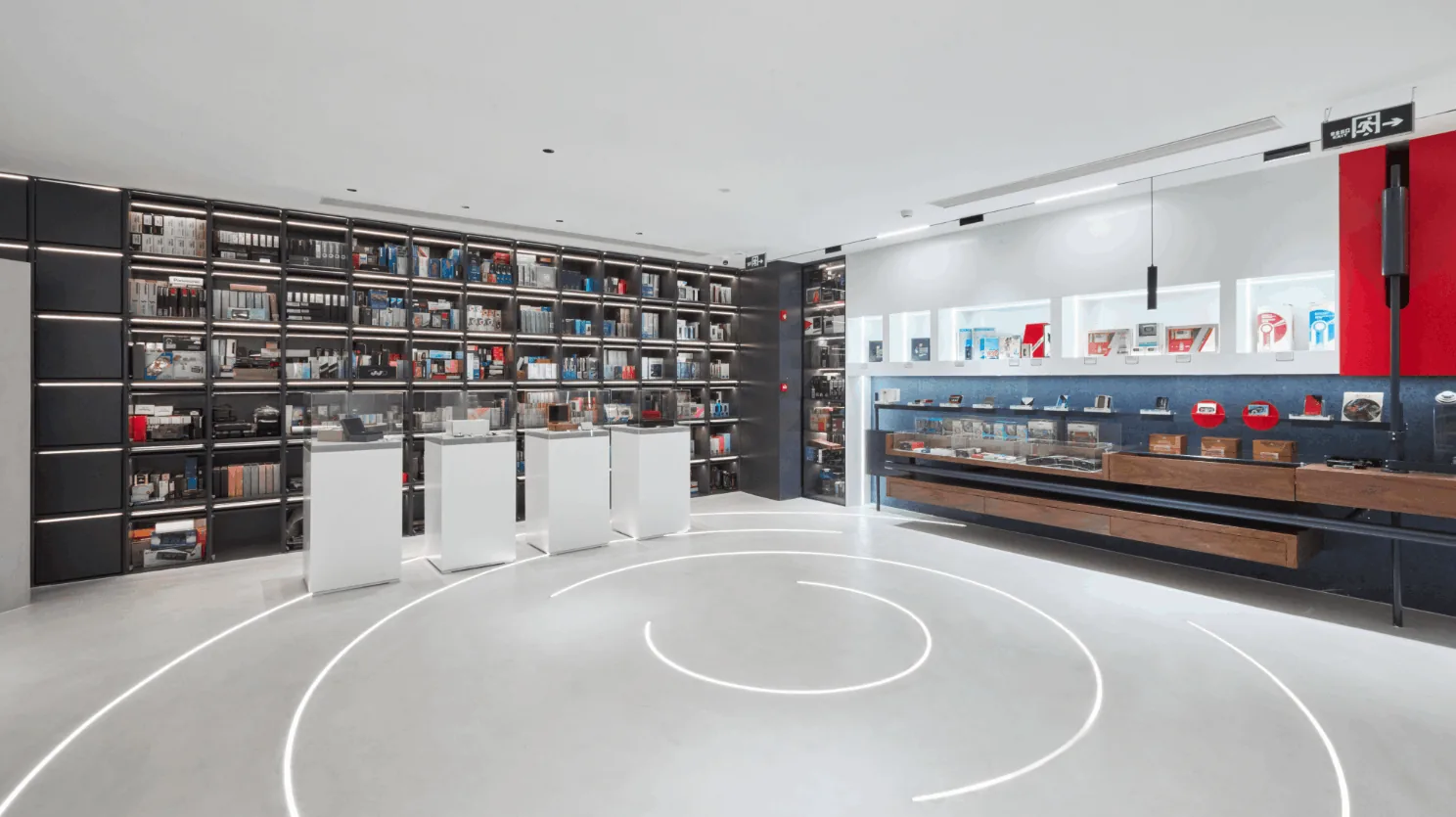 Inside the collection room, shelves of tape recorders and record players